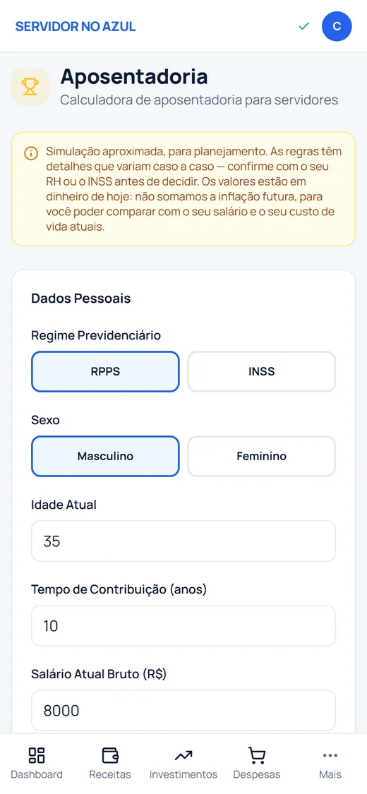 Calculadora de aposentadoria no celular: regime, sexo, idade, tempo de contribuição e salário