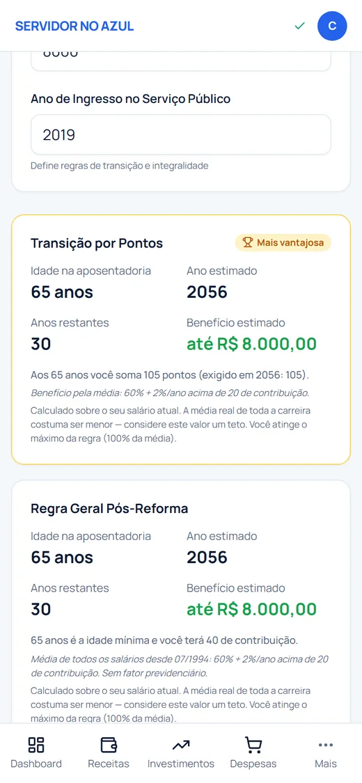 Calculadora de aposentadoria no celular: Transição por Pontos marcada como mais vantajosa, com idade, ano e benefício estimado