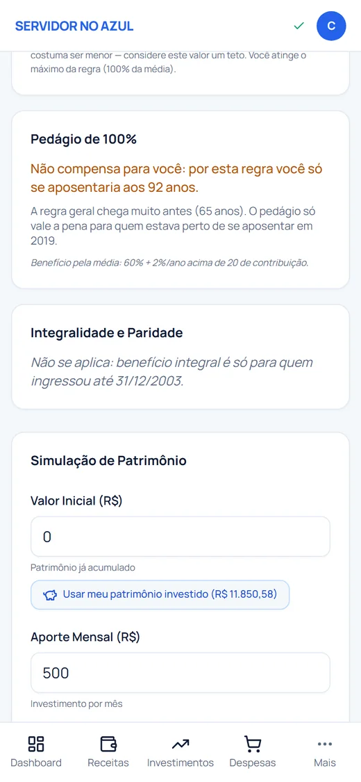 Calculadora de aposentadoria no celular: simulação de patrimônio com o botão Usar meu patrimônio investido