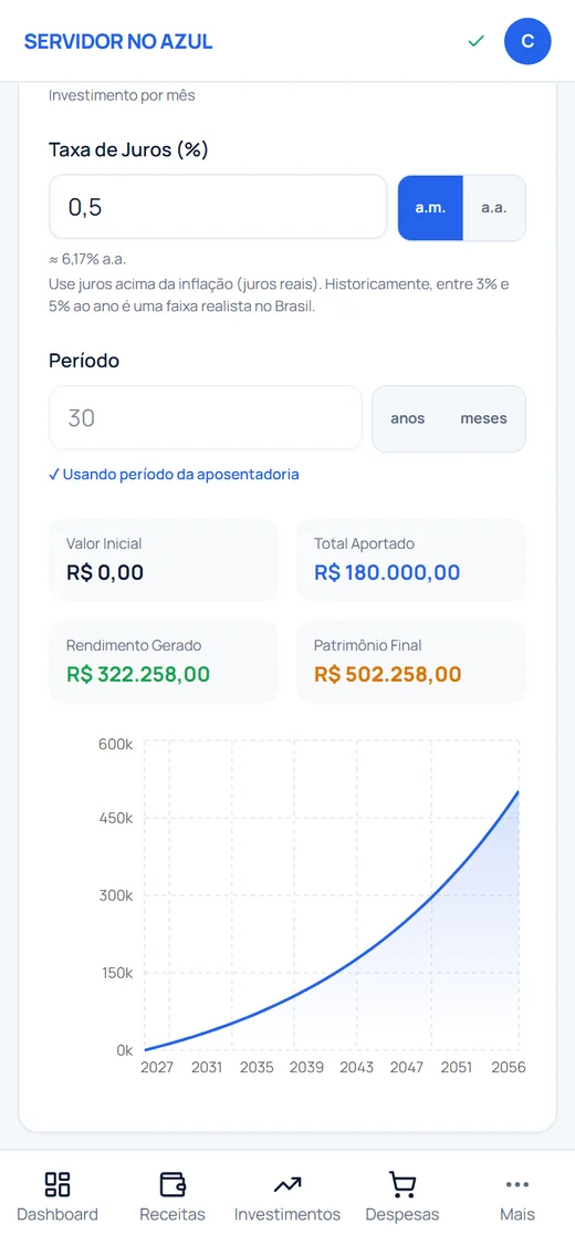 Calculadora de aposentadoria no celular: gráfico do patrimônio até a aposentadoria