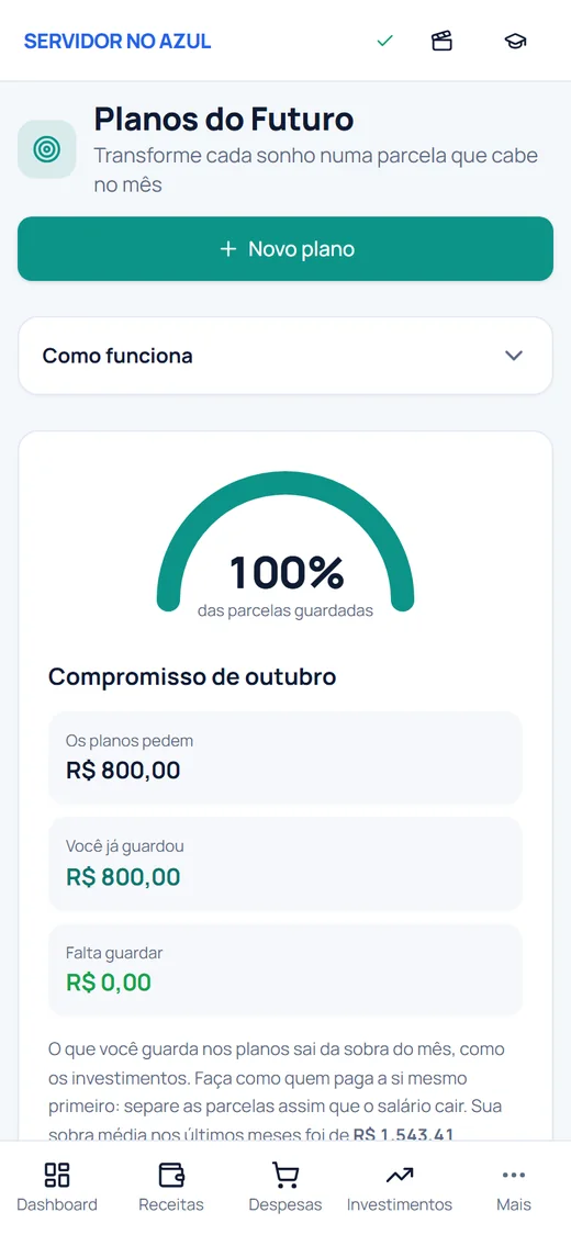 Planos do Futuro no celular: compromisso de outubro com 100% das parcelas guardadas
