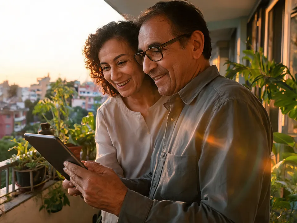 Casal na varanda ao fim da tarde, olhando juntos um tablet, com a aposentadoria planejada