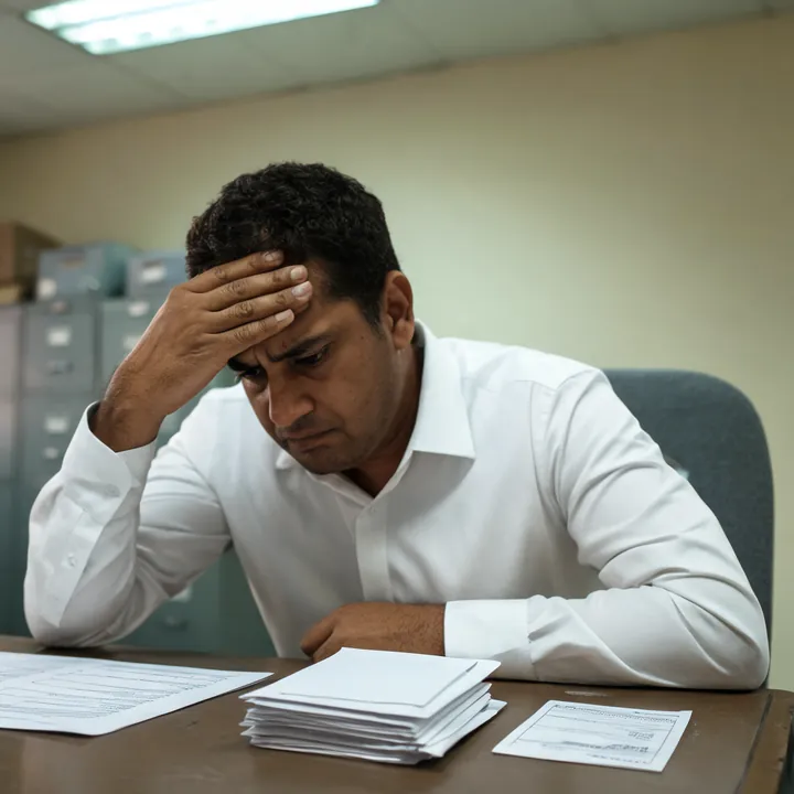 Servidor na repartição com a mão na testa diante de um contrato de empréstimo e envelopes