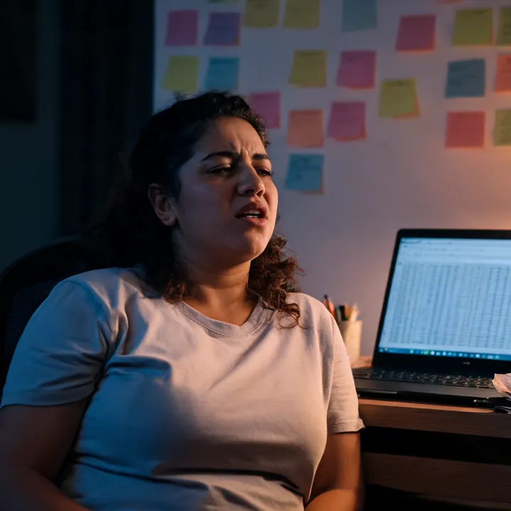 Mulher cansada diante de uma planilha cheia no notebook, com recibos e lembretes ao redor