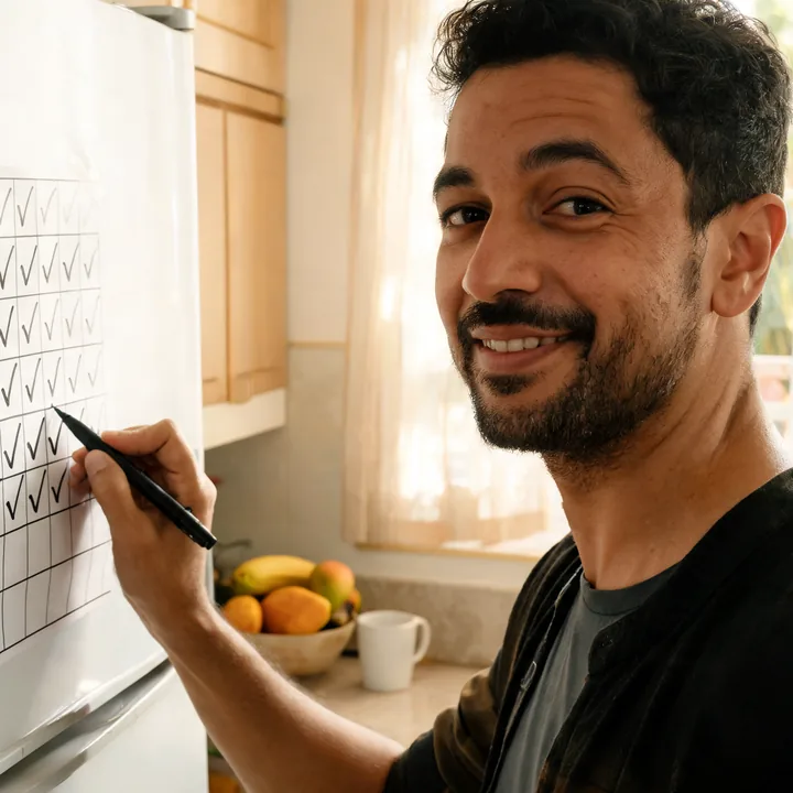 Homem sorrindo aliviado enquanto marca mais um mês pago num controle colado na geladeira