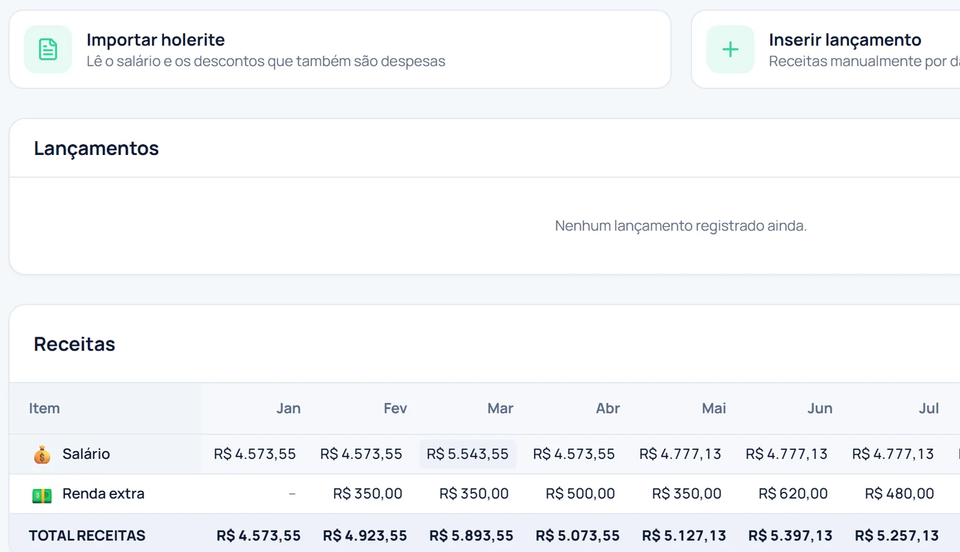 Tela de Receitas do Planner com o cartão Importar holerite e a tabela do ano com R$ 5.543,55 em março